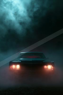 A black-toned moody photograph of sports car, pickup, trailer truck.