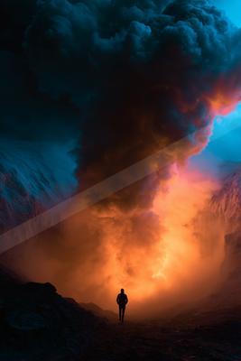 A lone figure stands silhouetted against a vibrant backdrop of fiery orange and dark clouds.