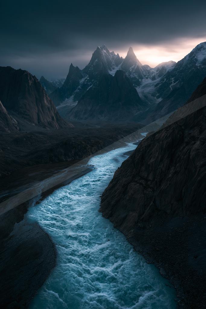 A dramatic long exposure water scene of river, mountains, valley.