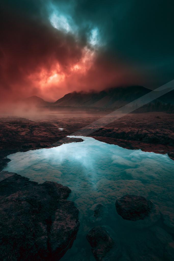 A moody water scene of lake, mountains, clouds.