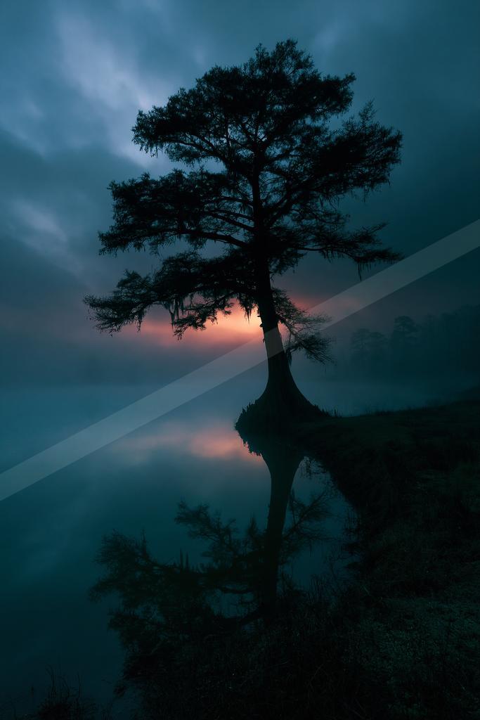 A tall tree stands in silhouette against a dramatic twilight sky with pink and orange hues, its reflection visible in the calm misty water below.