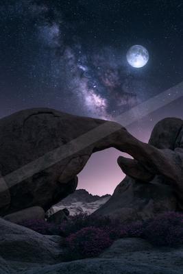 A night sky scene of starry sky, desert, rocks.
