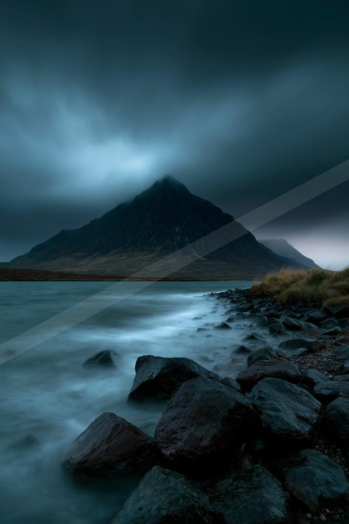 A dramatic mountain peak rises in the distance behind a misty lake with smooth water flowing around dark rocks in the foreground under heavy storm clouds.