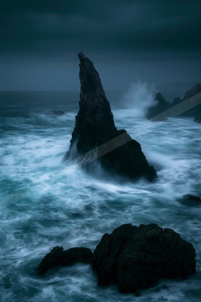 A moody water scene of ocean, waterfall, beach.