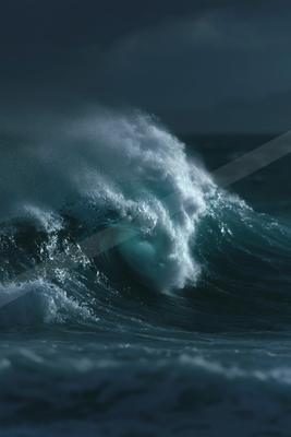 A powerful ocean wave cresting and crashing with white foam and spray against a dark moody sea and sky.