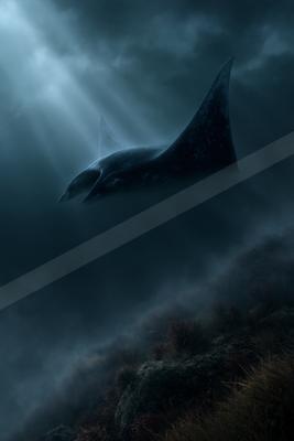 A solitary ray glides through the dark ocean depths, illuminated by beams of light filtering through the water.