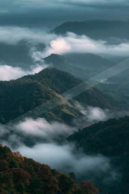 A gray-toned moody photograph of valley, alp, cliff.