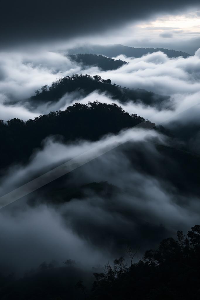 A dramatic landscape of mountains, clouds, valley.
