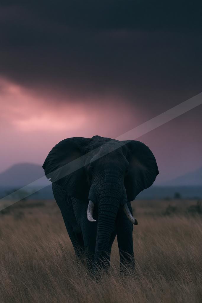 A large African elephant with prominent tusks walks directly toward the camera through tall dry grass in an open savanna, under a dramatic cloudy sky with pink