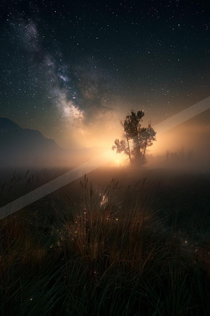 A night sky scene of starry sky, trees, fog.