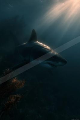A moody water scene of ocean, fish.