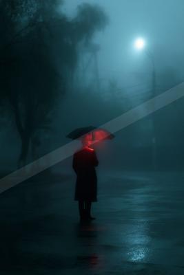 A solitary figure in a dark coat stands on a wet street at night holding a black umbrella illuminated with a red glow from within, surrounded by thick blue fog 