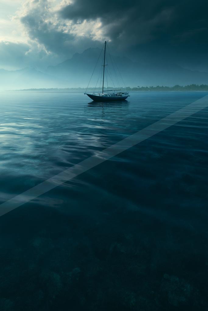 A black-toned moody photograph of catamaran, lifeboat, lakeside.