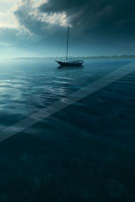 A black-toned moody photograph of catamaran, lifeboat, lakeside.