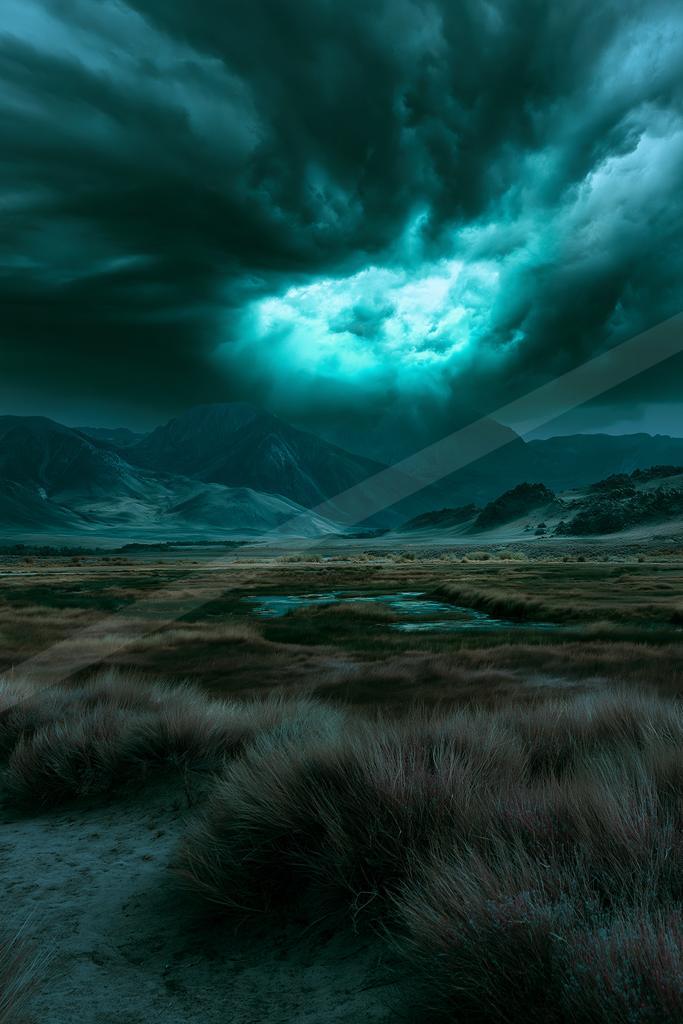 A moody sky scene of storm, clouds, lake.