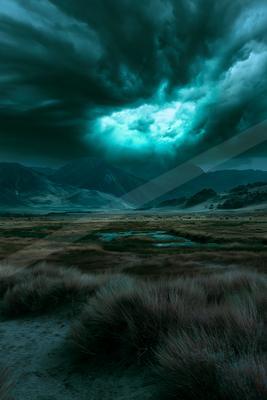 A moody sky scene of storm, clouds, lake.