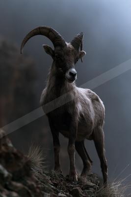 A majestic bighorn ram with large curved horns stands on a rocky outcrop, looking directly at the camera against a foggy mountain background.