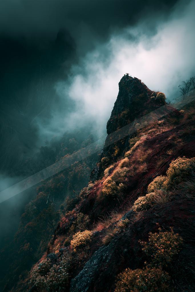 A moody landscape of mountains, valley.