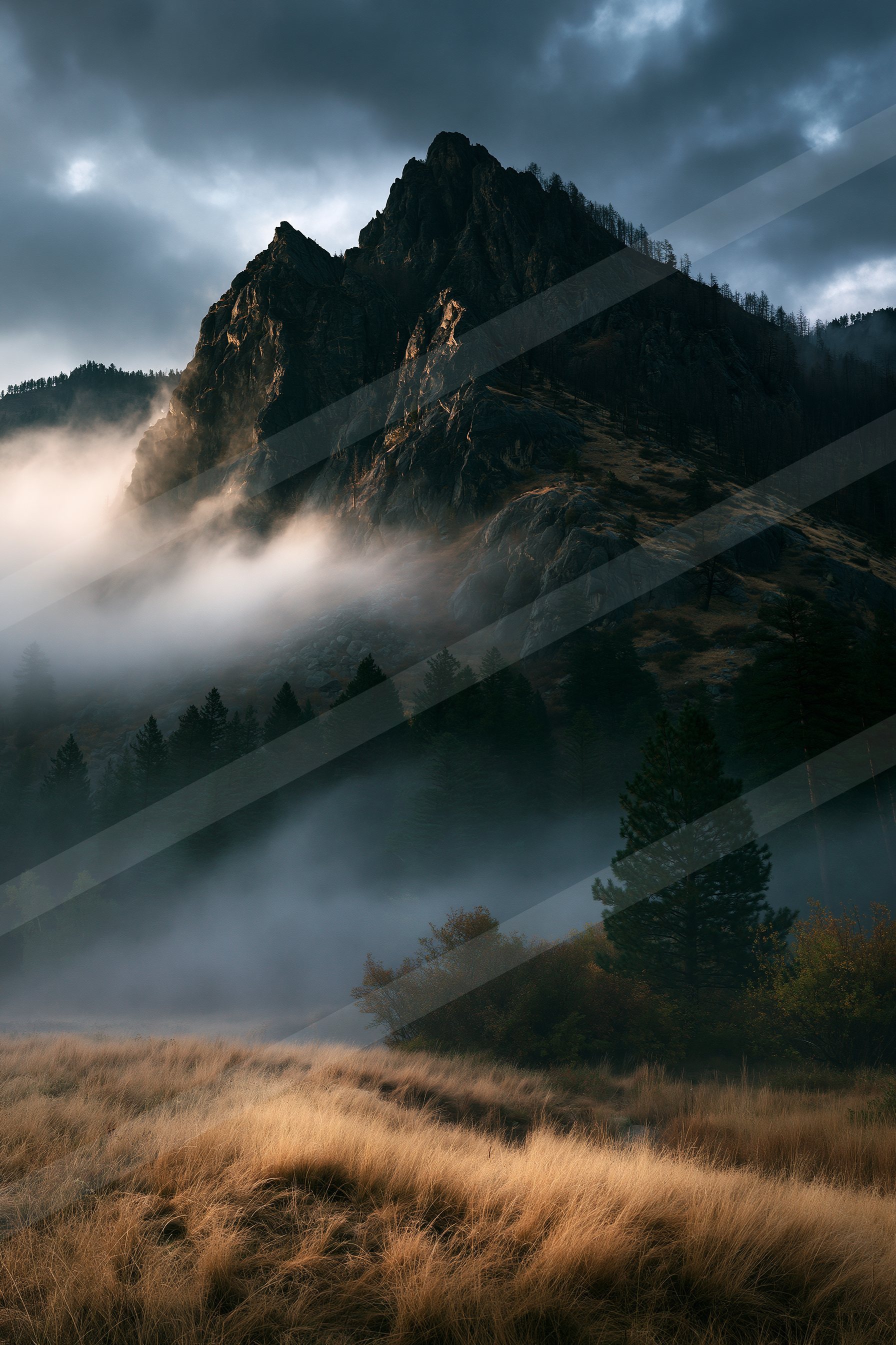 A rugged mountain peak shrouded in mist overlooks a serene forest valley, bathed in the soft light of dusk.