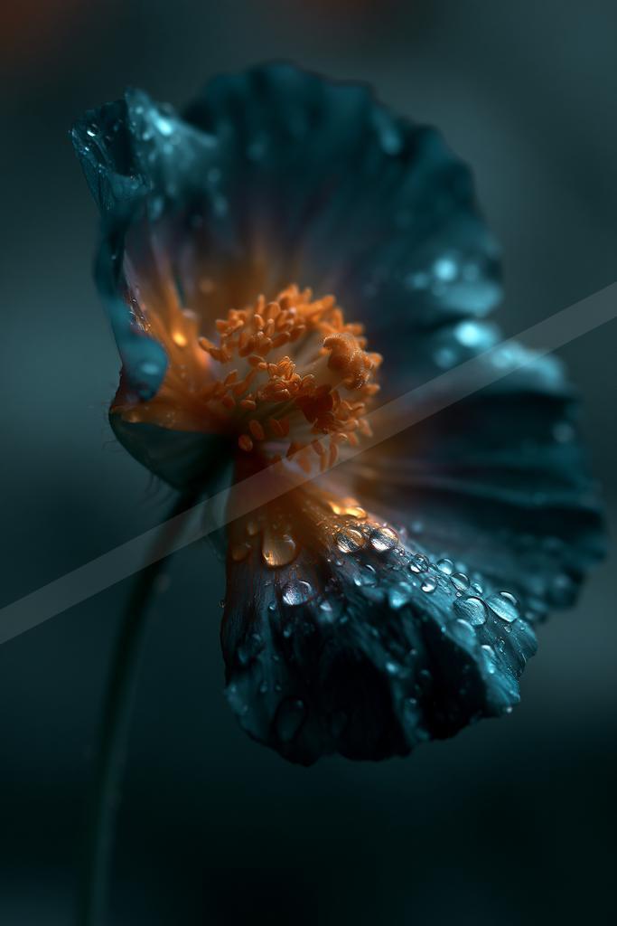 A close-up of a dark blue and black flower petal covered in glistening water droplets, featuring a vibrant orange stamen cluster at its glowing center against a