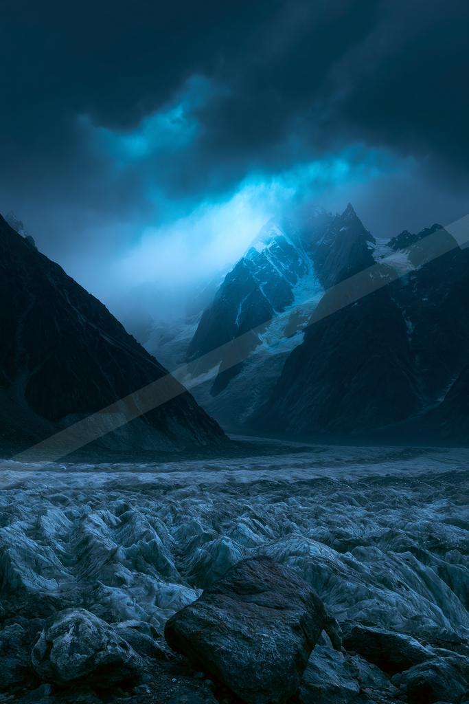 A moody landscape of mountains.