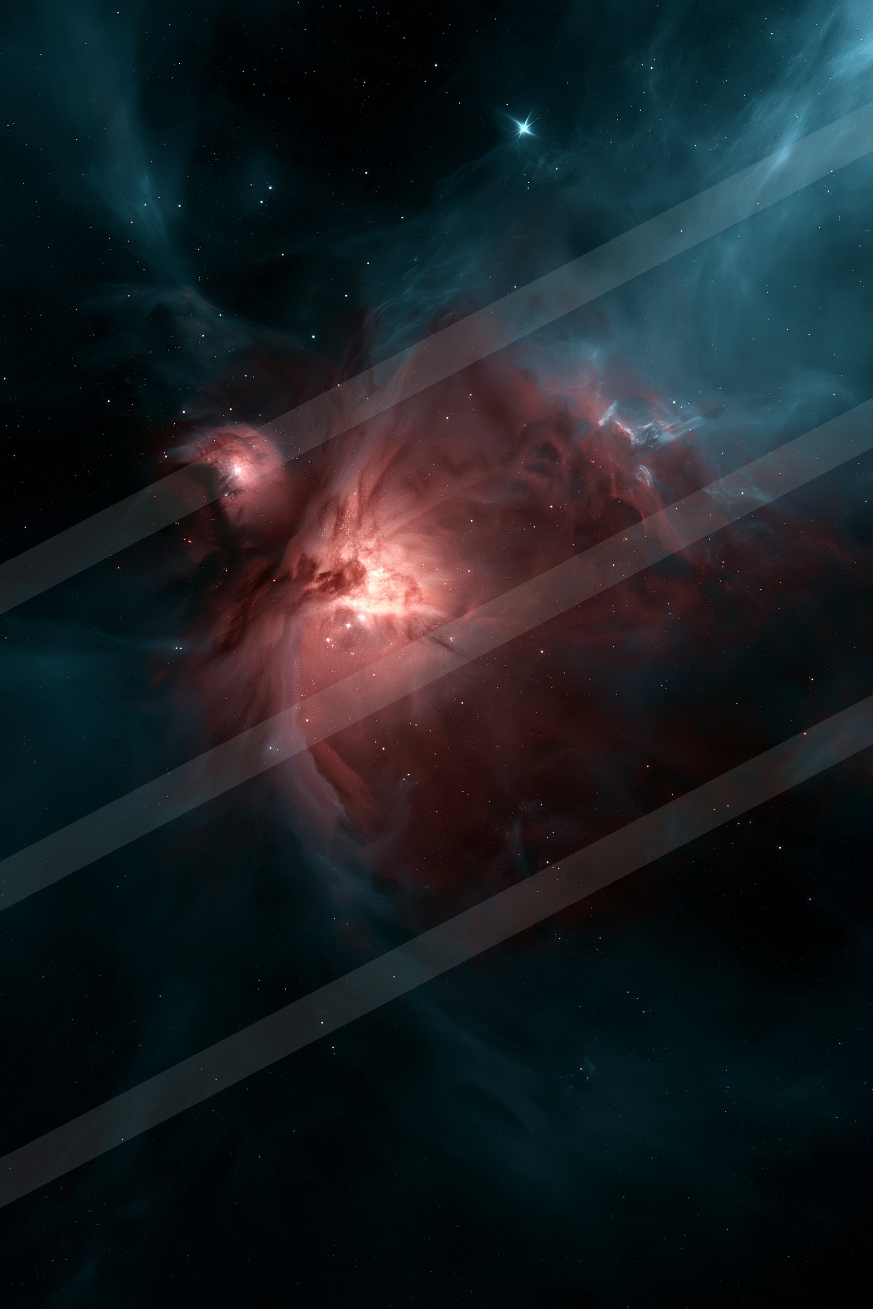 A luminous red nebula surrounded by swirling cosmic dust and stars against a dark, star-filled backdrop.