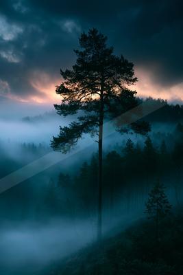 A blue hour nature scene of trees, sunrise, forest.
