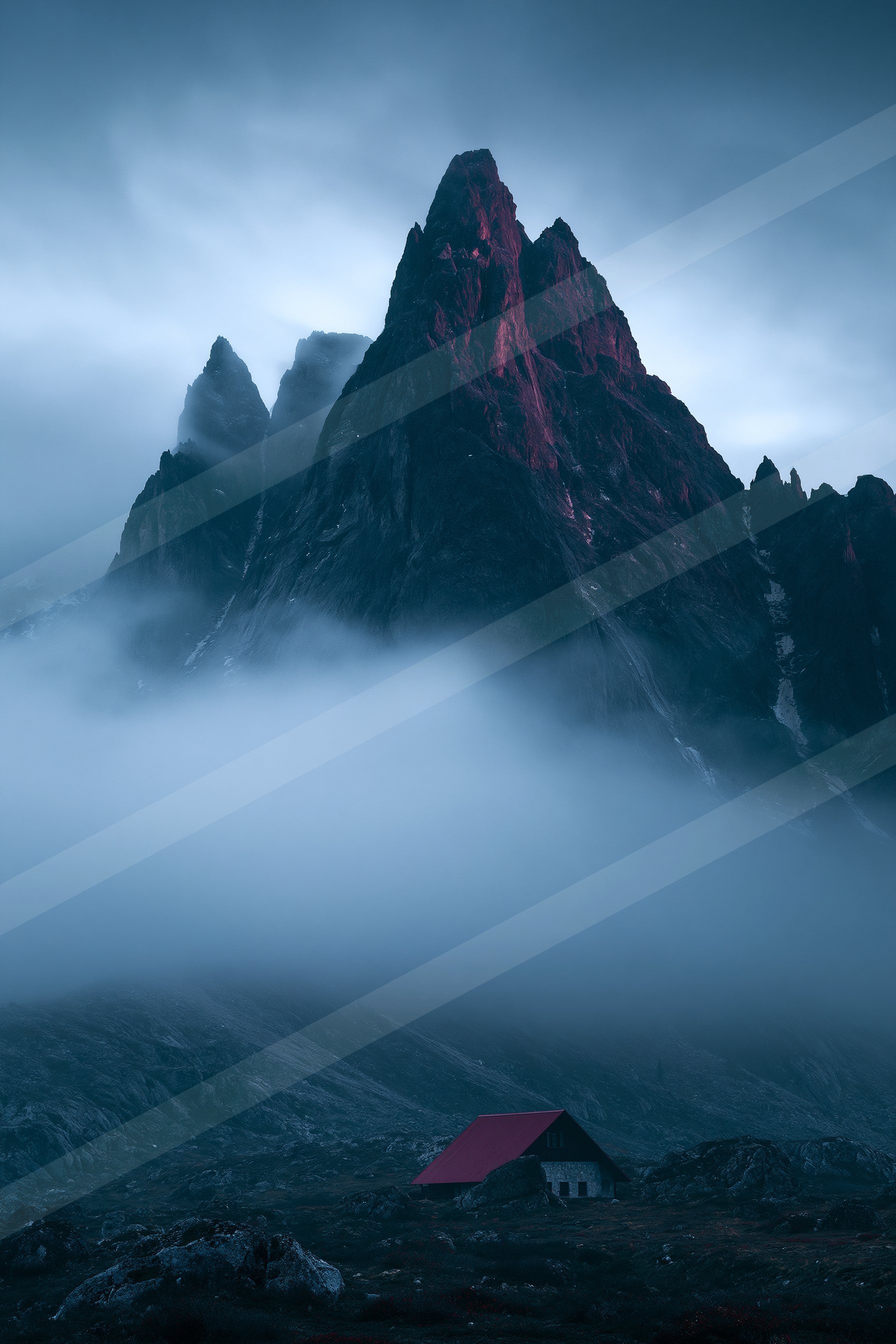 A dramatic panorama landscape of a mountains, fog.