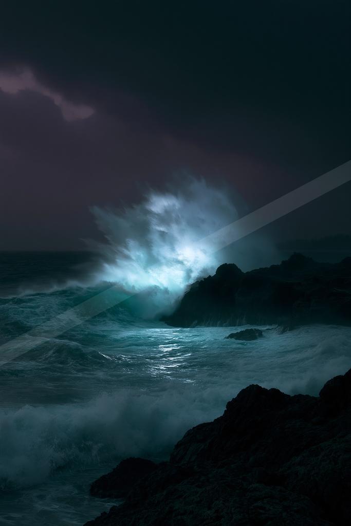 A blue hour water scene of ocean, storm, waterfall.