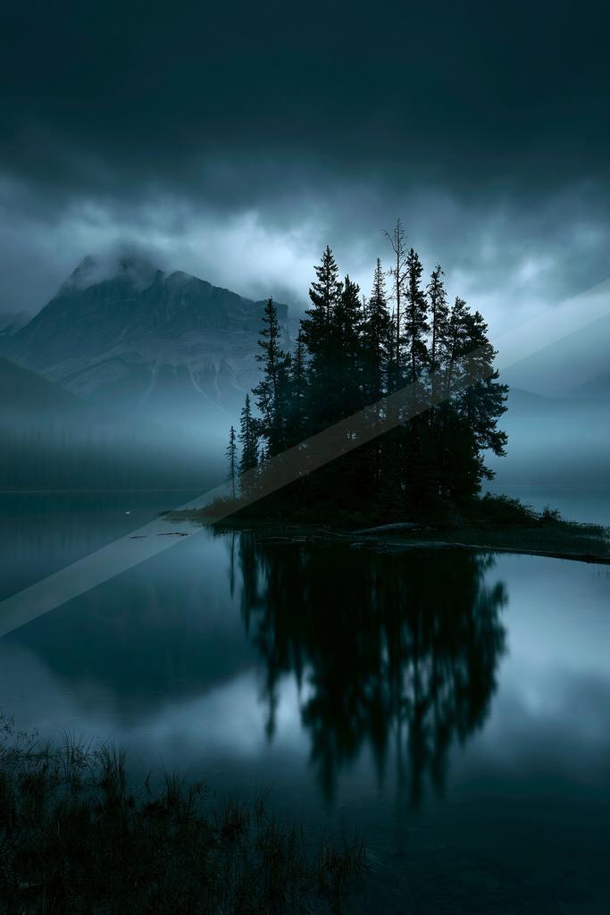 A serene water scene of lake, mountains.