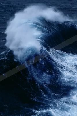 A powerful ocean wave cresting and breaking with a large plume of white spray against dark blue water.