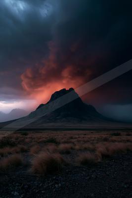 A solitary rocky mountain peak rises from a barren desert plain under massive, dark storm clouds illuminated with intense red and orange light from the setting 
