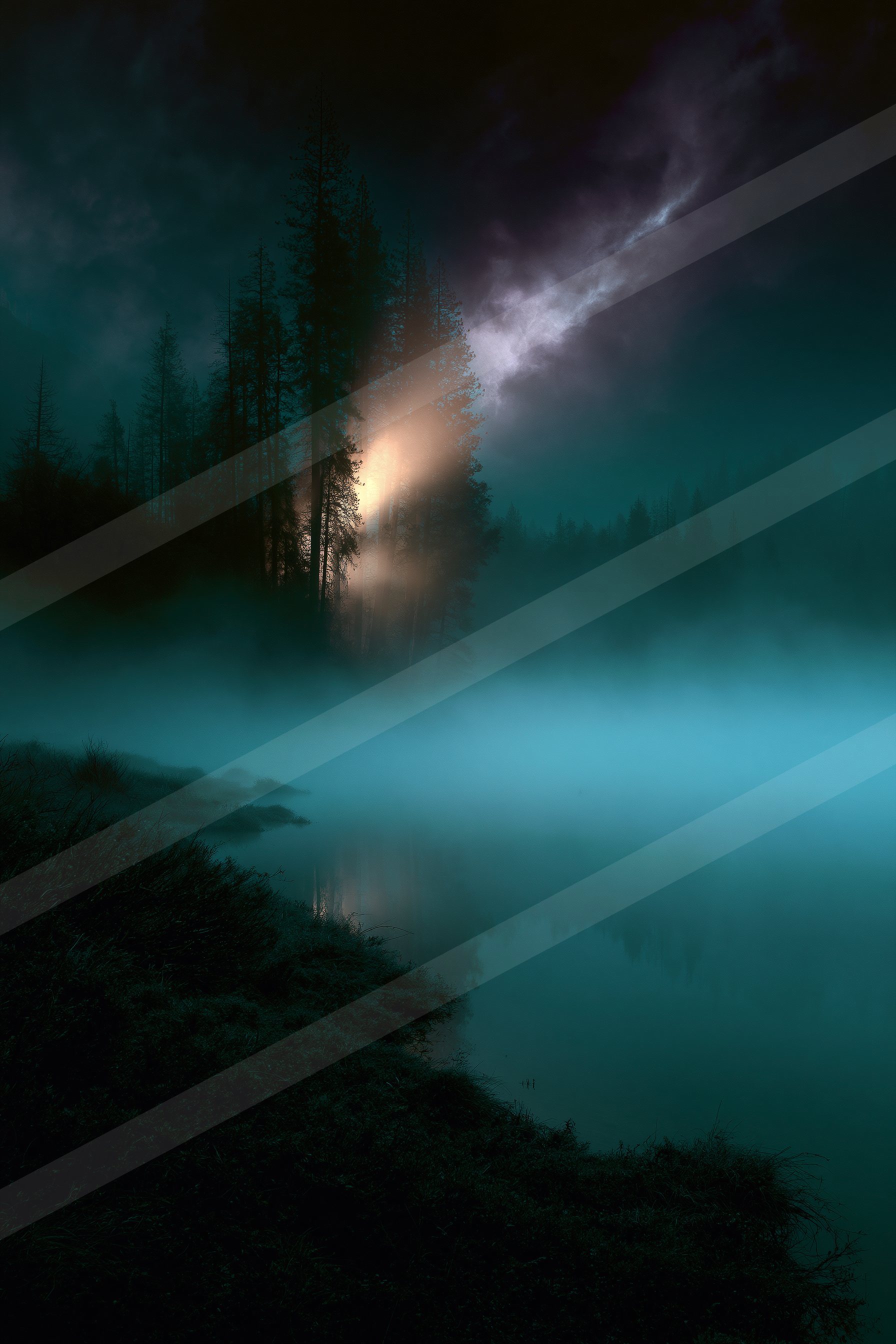 A night sky scene of an aurora, fog.