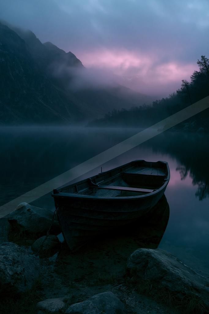 A black-toned moody photograph of canoe, lakeside, paddle.