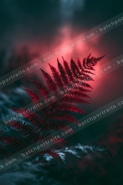 An ethereal macro nature scene of a fern, reflection.