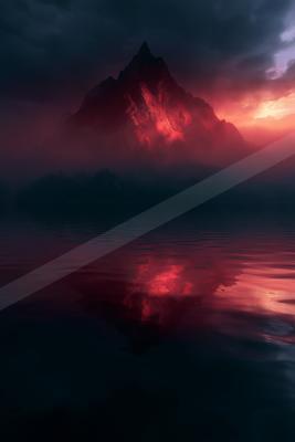 A dramatic landscape of mountains, lake, reflection.