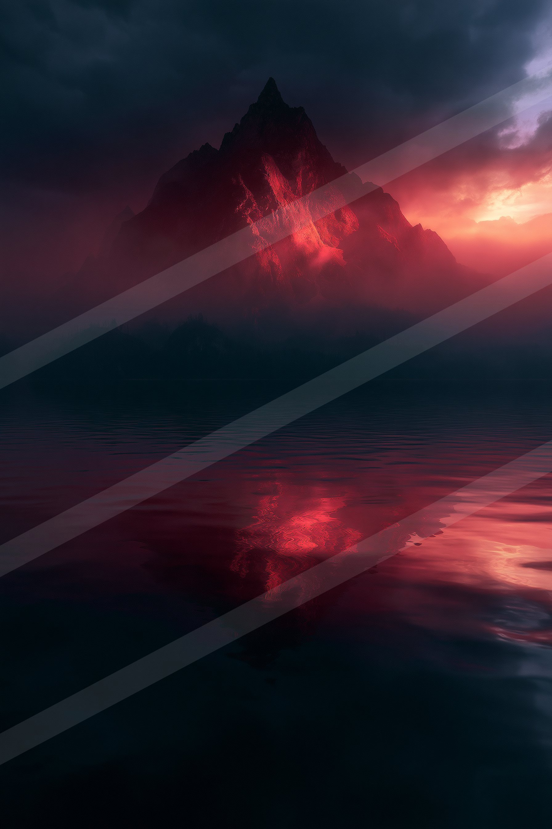 An ethereal double exposure landscape of a volcano, reflection.