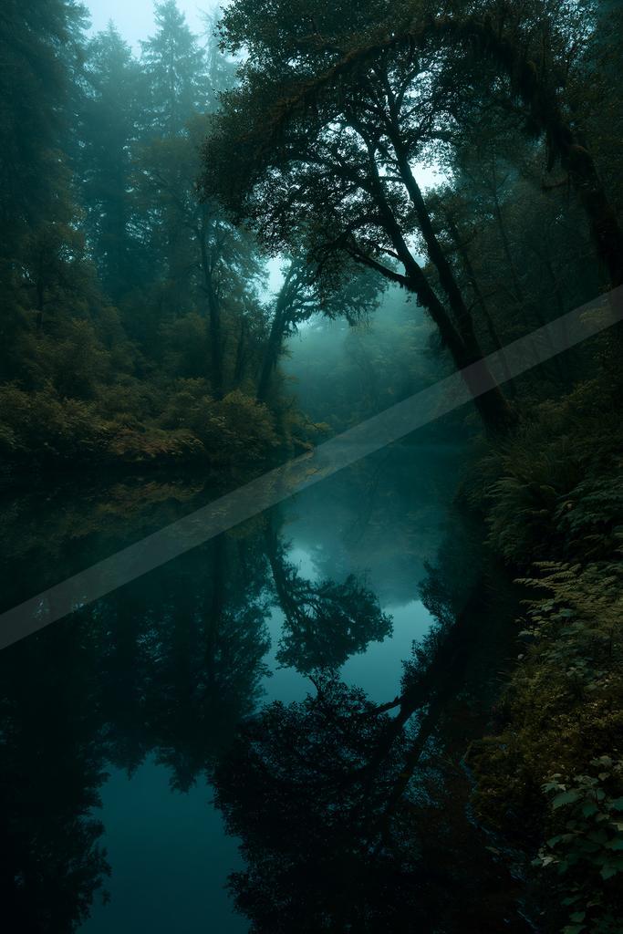 A serene water scene of lake, forest, river.