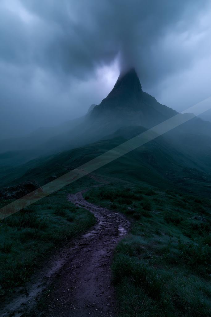 A winding dirt path leads through green hills toward a sharp, mist-covered mountain peak under a dark, cloudy sky.