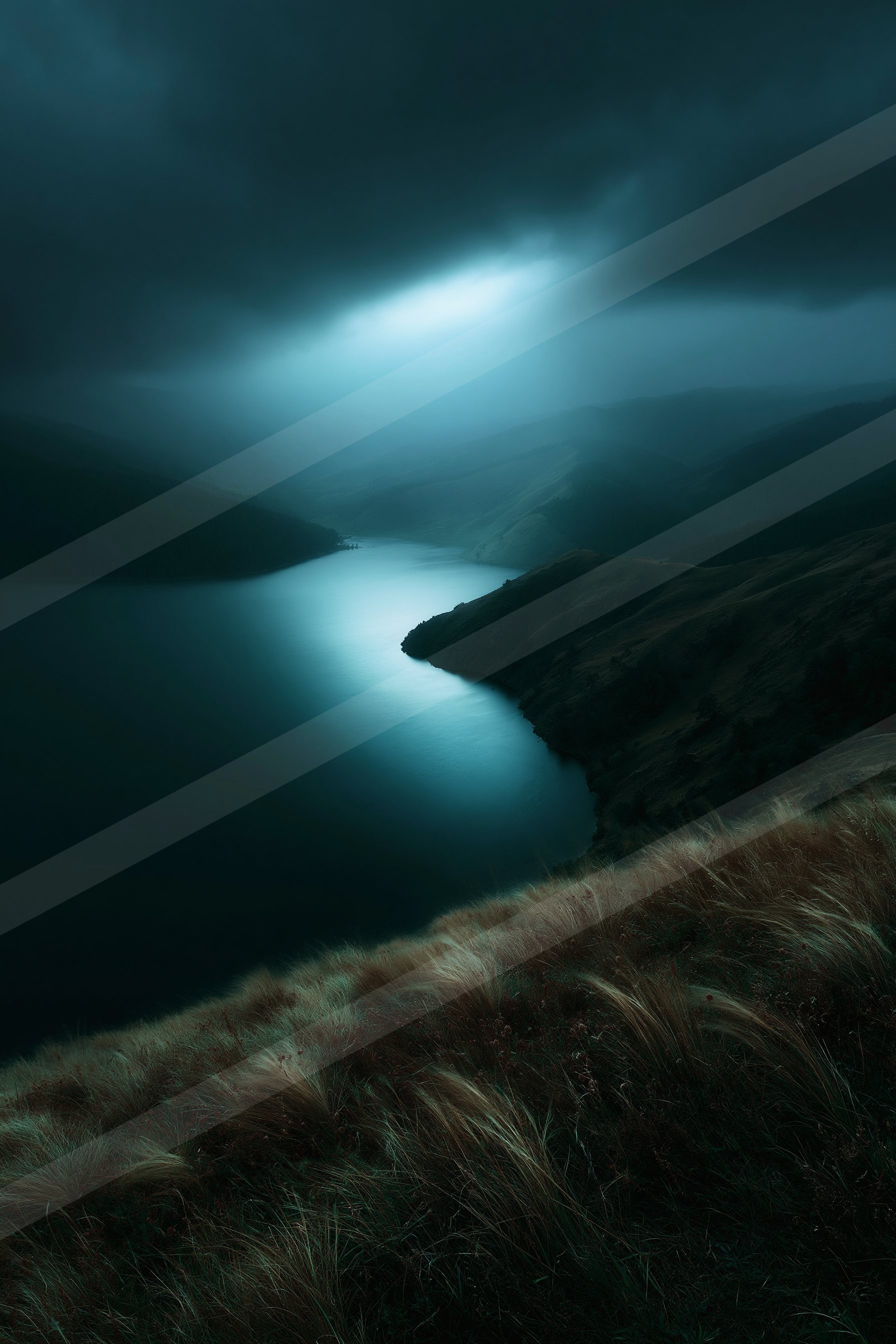 A night long exposure water scene of a lake, fog.