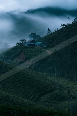 A moody landscape of mountains, valley, fog.