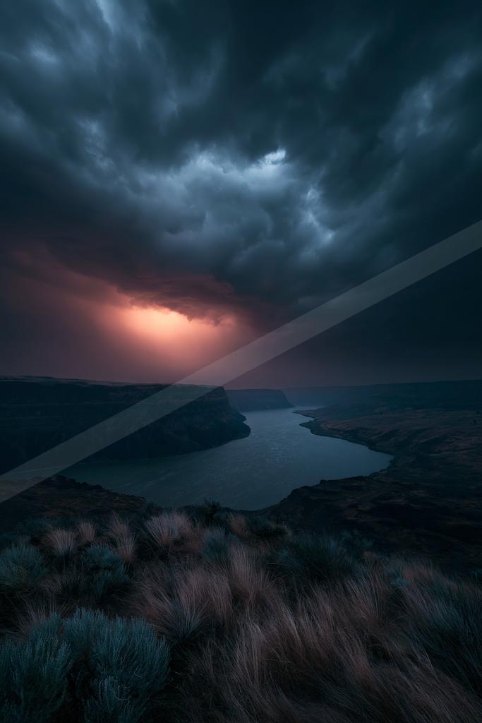 A dramatic sky scene of storm, clouds, valley.