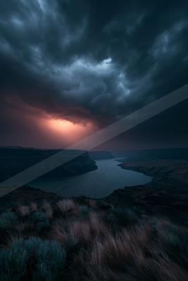 A dramatic sky scene of storm, clouds, valley.