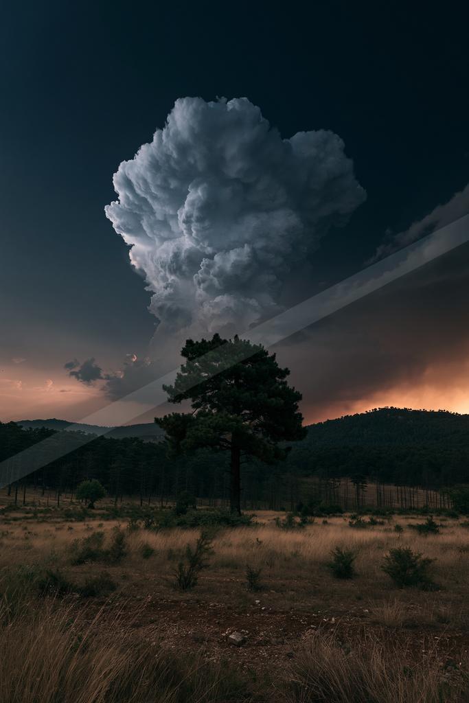 A black-toned moody photograph of volcano, radio telescope, barn.
