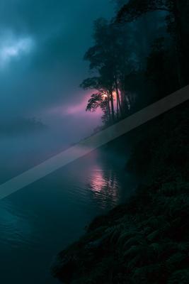 An ethereal sky scene of an aurora, fog.