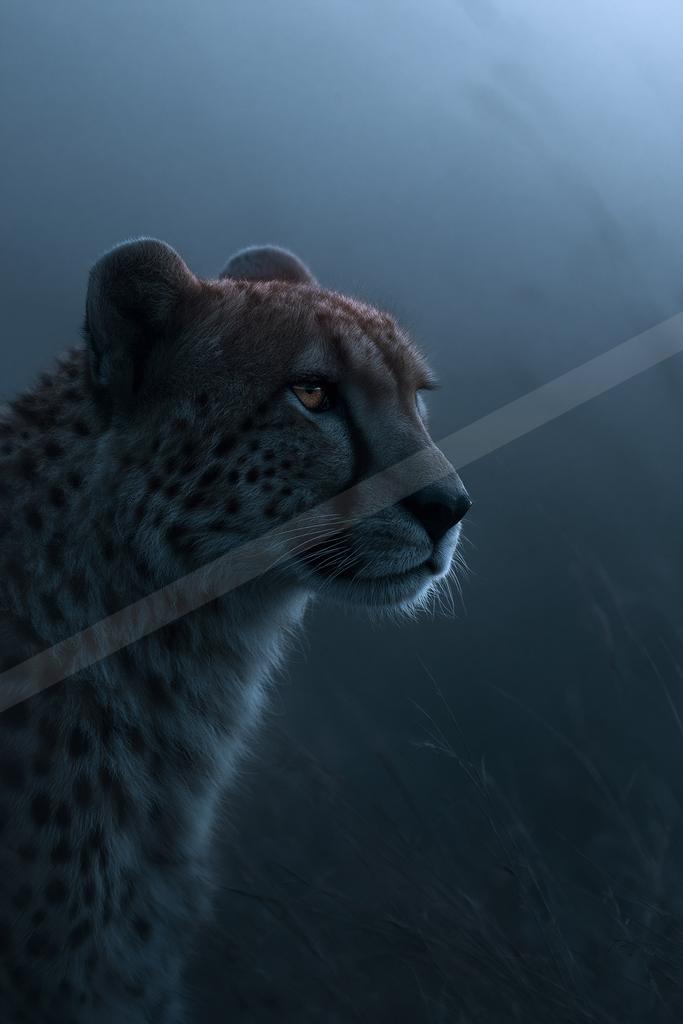 A cheetah with distinctive tear marks and spotted fur looks intently to the right, set against a foggy, atmospheric background.