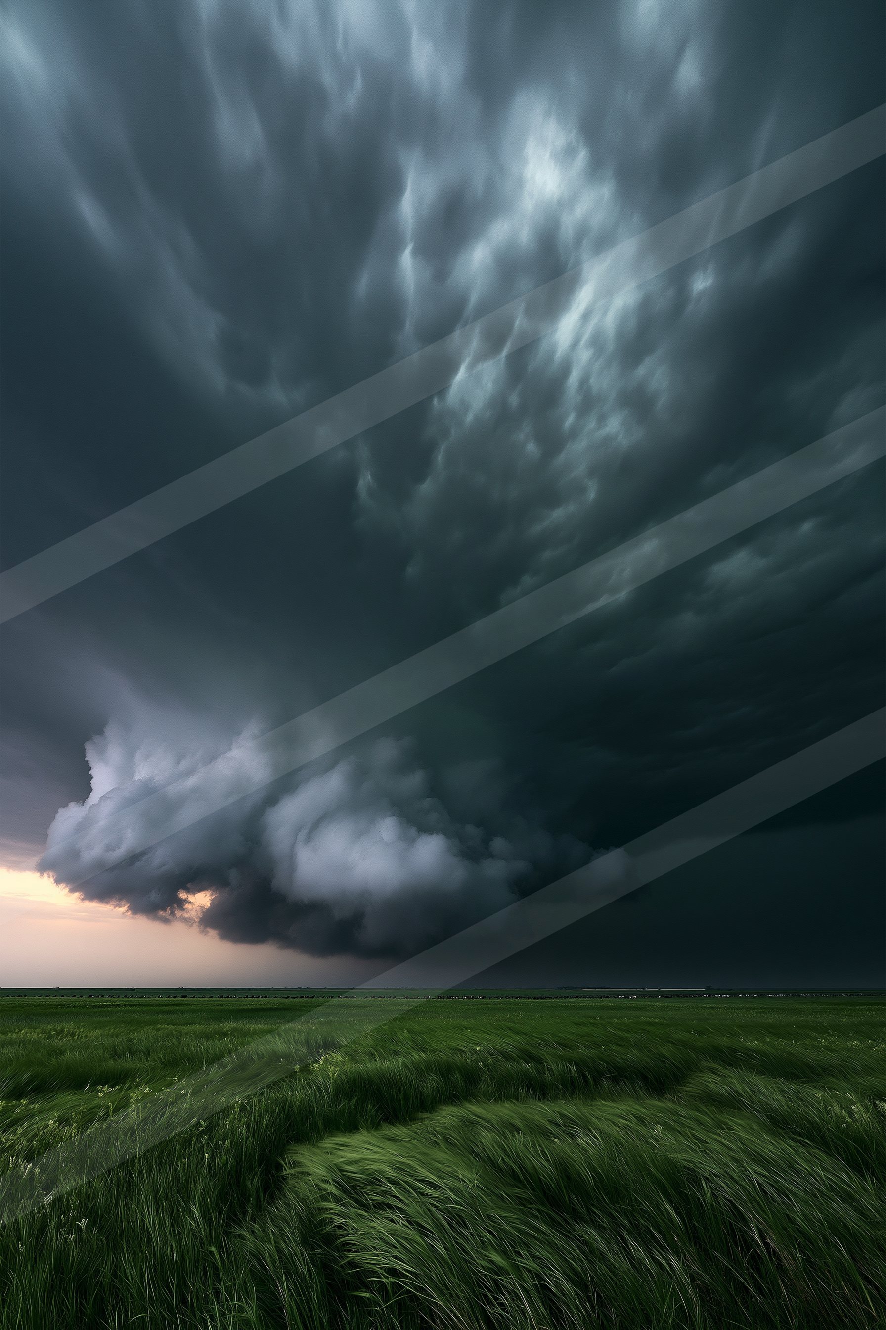 A dramatic view of dark, swirling storm clouds looming over a vibrant green field during sunset.