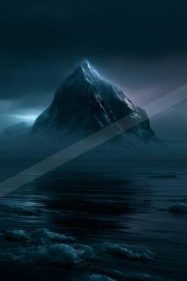 A night landscape of mountains, ocean, storm.