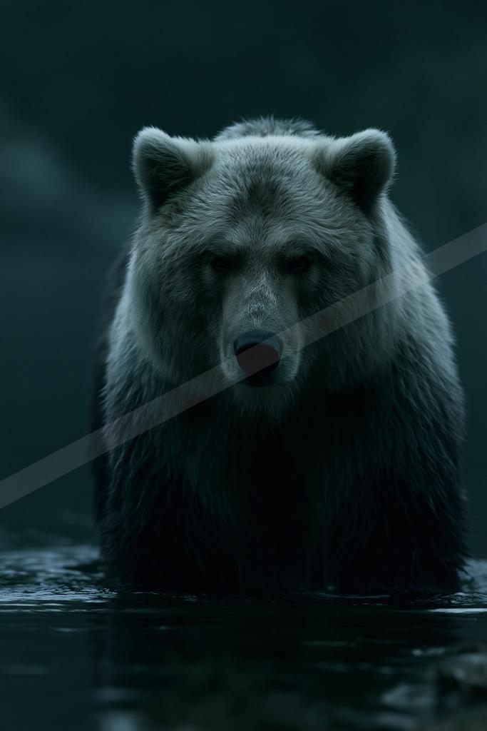 A large grizzly bear with wet fur stands in dark water, looking directly at the camera with an intense gaze in a moody, low-light setting.