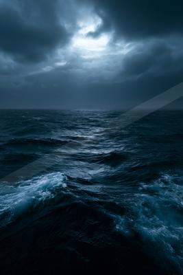 A turbulent ocean under a foreboding sky filled with dark clouds and patches of moonlight.